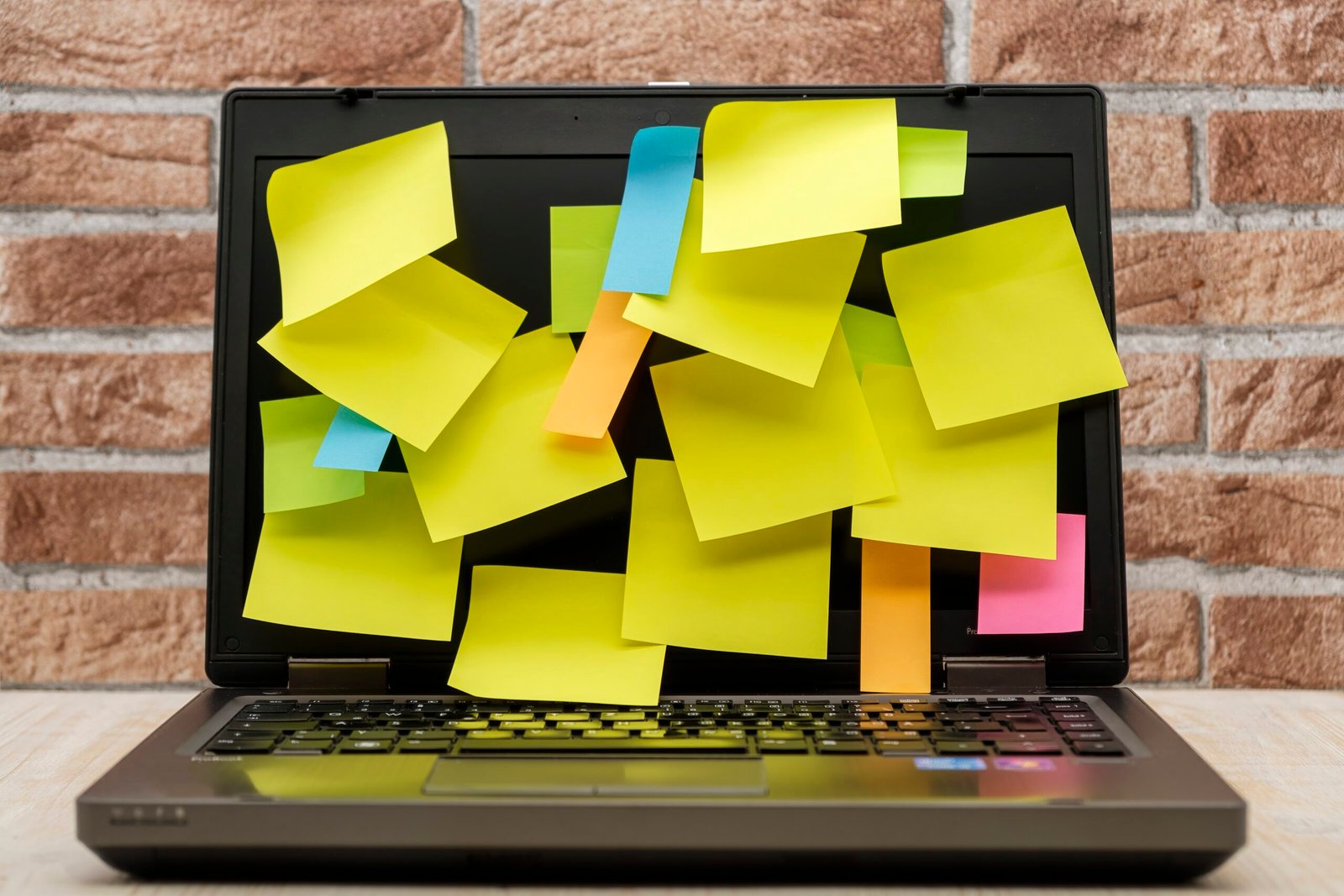 Laptop covered in colourful sticky notes representing an overcomplicated organisation system